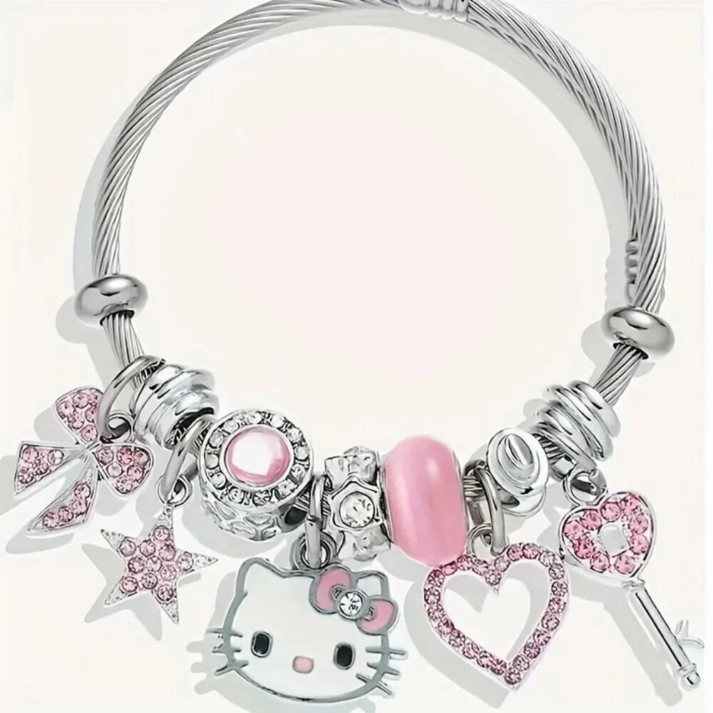 Hello Kitty Charm Bracelet Pink & Silver Cable Bangle Cute Bow Heart Star Key Ch